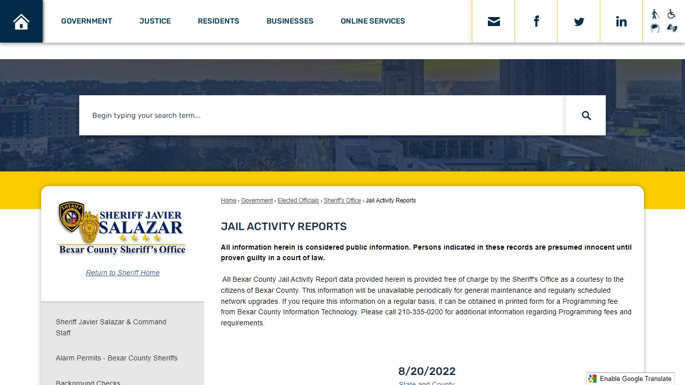 Jail Activity Reports | Bexar County, TX - Official Website